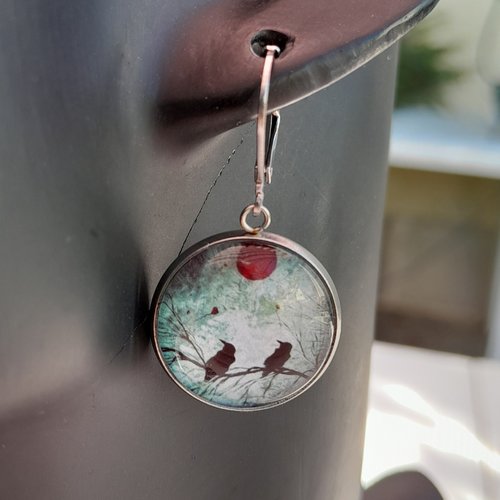 Boucles d'oreille cabochons en verre gothique corbeaux modèle unique