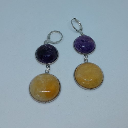 Boucles d'oreille aventurine jaune et améthyste acier inoxydable création unique