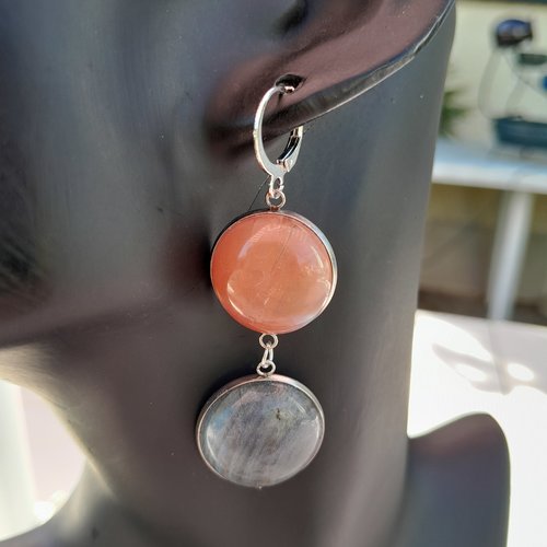 Boucles d'oreille labradorite et rubellite en acier inoxydable création unique