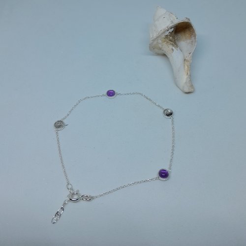 Bracelet réglable en argent quartz rutilé et améthyste création unique