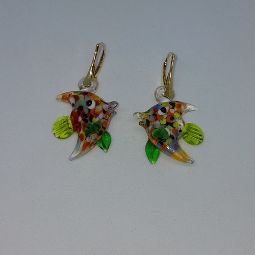 Boucles d'oreille en argent plaquées or et poisson lune murano création unique