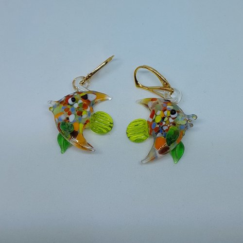 Boucles d'oreille en argent plaquées or et poisson lune murano création unique