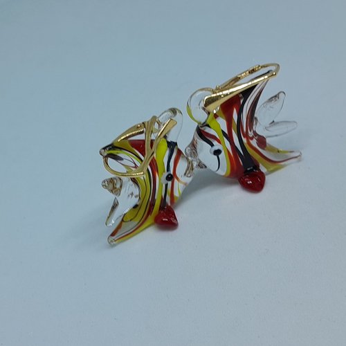 Boucles d'oreille en argent plaquées or et poisson lune murano création unique