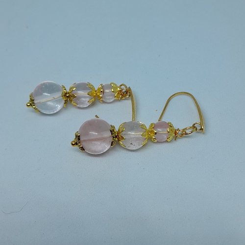 Boucles d'oreille dormeuses plaquées or tourmalines et cristal de roche création unique