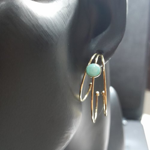 Créoles boucles d'oreilles plaquées or 3 rangs et amazonite création unique