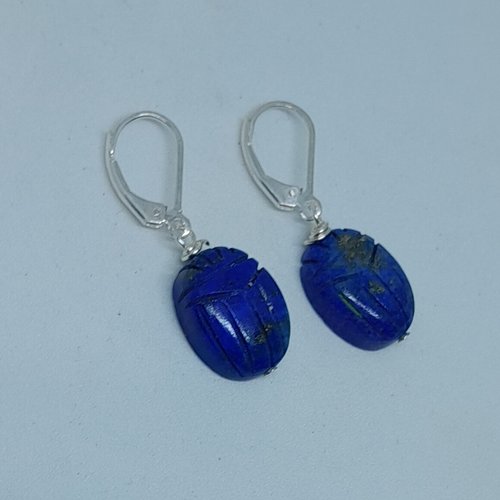 Boucles d'oreille dormeuses argent 925 et scarabées en lapis-lazuli création unique