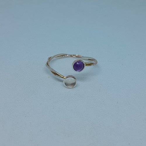 Bague réglable en argent entrelacé améthyste et cristal de roche création unique
