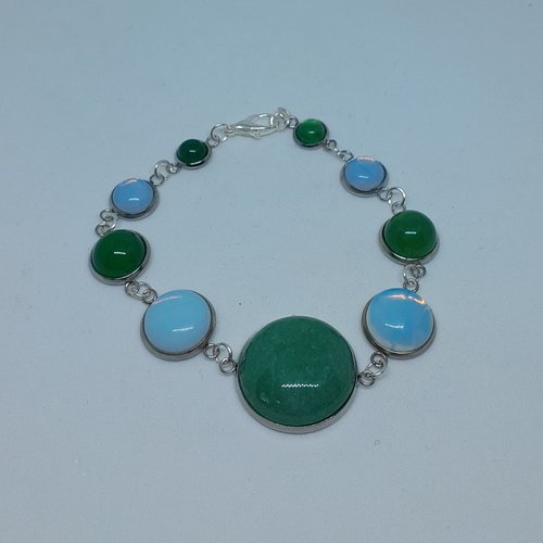 Bracelet en acier et gemmes aventurine, jade vert et calcédoine création unique