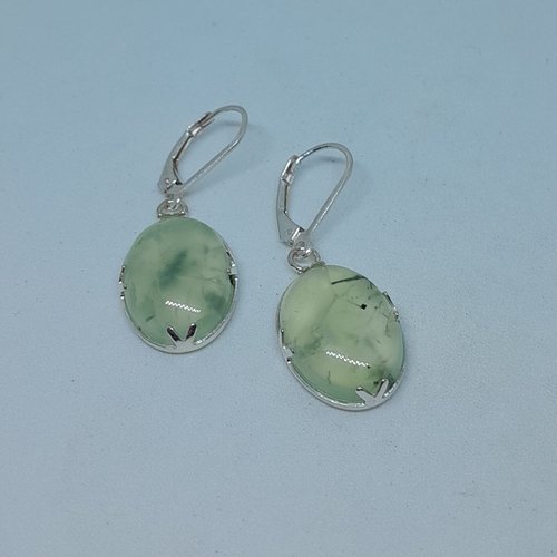 Boucles d'oreille dormeuses argent 925 et prehnite rare création unique