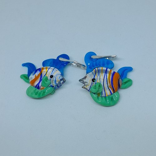 Boucles d'oreille dormeuses poissons verre de murano et argent création unique