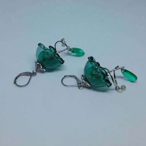 Boucles d'oreille poétiques méduse cloche en verre de bohème vert d'eau création