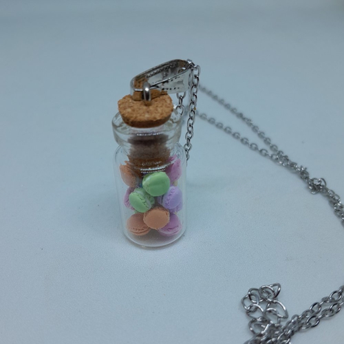 Pendentif fiole macarons et chaine acier création unique