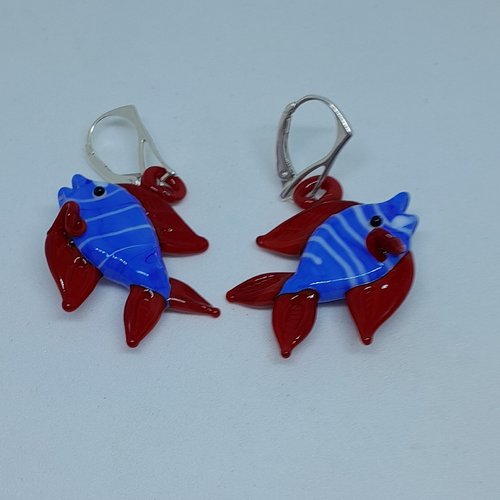 Boucles d'oreille dormeuses poissons verre de murano et argent création unique