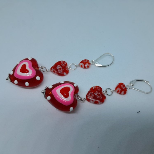 Boucles d'oreille dormeuses en argent et verre de murano et de bohème coeurs création unique