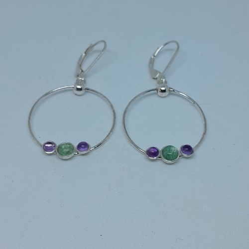Créoles en argent 925 sterling avec 1 aventurine et 2 améthystes création unique