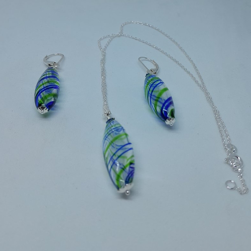 Parure collier boucles d'oreille argent 925 et verre murano création unique