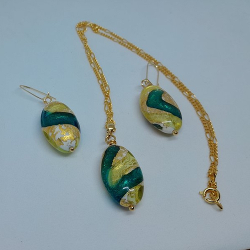 Parure collier boucles d'oreille acier plaqué or et verre murano création unique