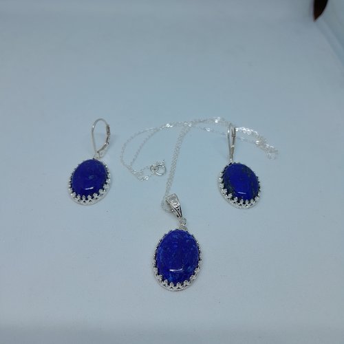 Parure collier et boucles d'oreille en argent et lapis lazuli création unique