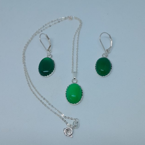 Parure collier et boucles d'oreille en argent 925 et jade vert création unique