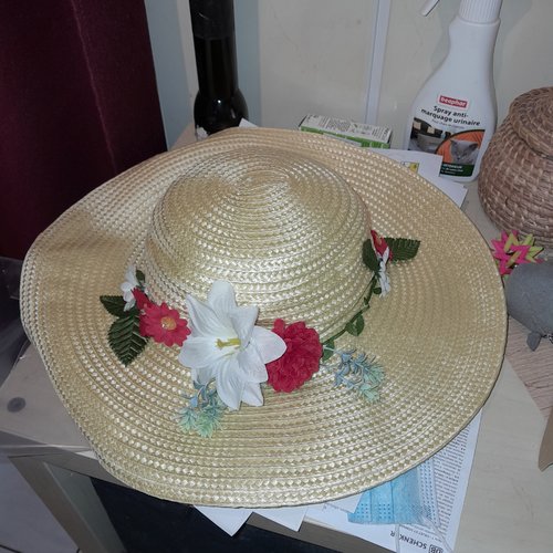 Chapeau de paille femme à fleurs style capeline cousu main taille 56 à 58