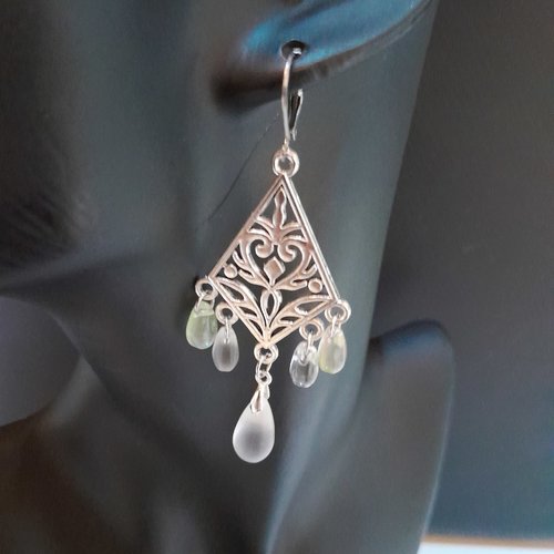 Boucles d'oreille chandelier en verre de bohème irisé et dormeuses acier uniques