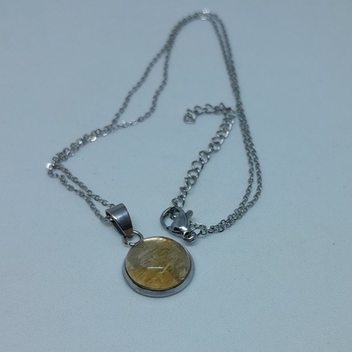 Pendentif quartz rutilé en acier et chaine acier inoxydable unique