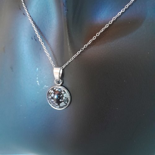 Pendentif obsidienne mouchetée en acier et chaine acier inoxydable unique
