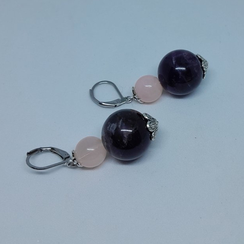 Boucles d'oreille en acier inoxydable quartz rose et améthyste création unique