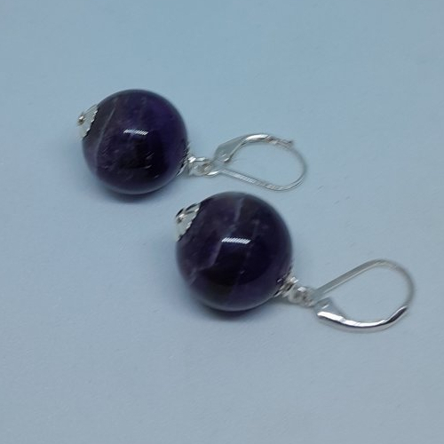 Boucles d'oreille dormeuses argent 925 et perle améthyste  16 mm création unique
