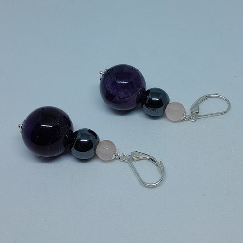 Boucles d'oreille dormeuses argent quartz rose onyx et améthyste création unique