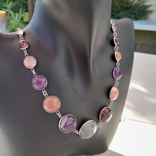Collier plastron améthyste rubellite labradorite et acier création unique