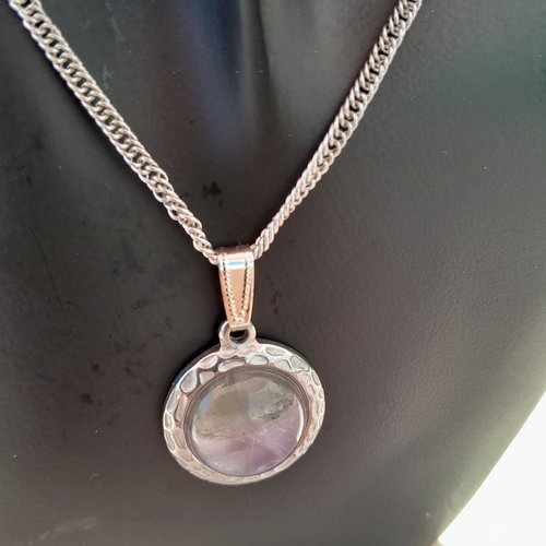 Pendentif en améthyste et belle chaine serpent en acier unisexe modèle unique