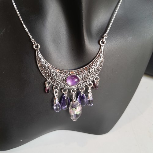 Collier verre de murano, bohème, améthyste et chaine en argent création unique