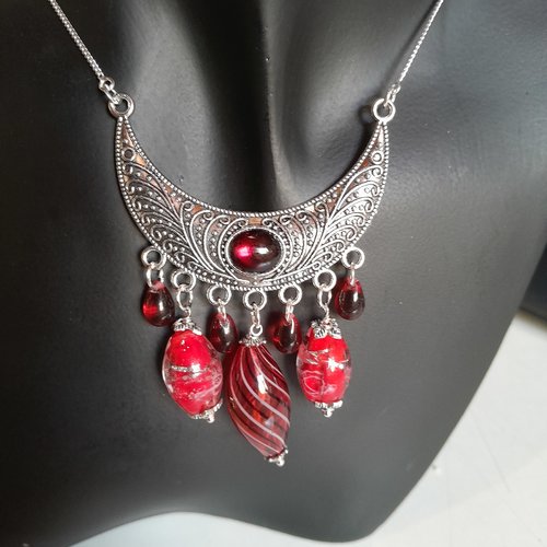 Collier verre de murano, bohème, grenat et chaine en argent création unique