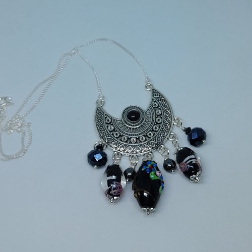 Collier verre de murano, bohème, onyx  et chaine en argent création unique goth