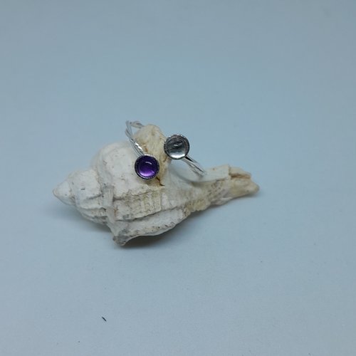 Bague réglable en argent entrelacé améthyste et quartz rutilé création unique