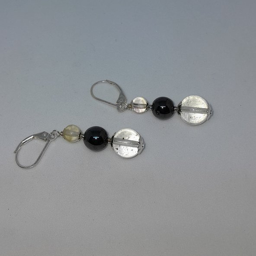 Boucles d'oreille dormeuses argent cristal de roche et magnétite création unique