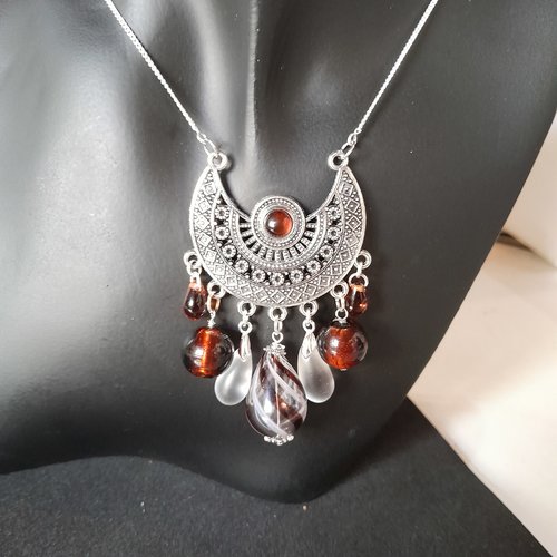 Collier verre de murano, quartz fumé et chaine en argent création unique
