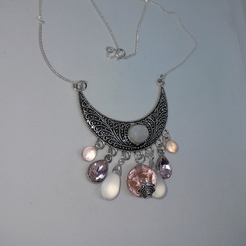 Collier verre de murano, pierre de lune et chaine en argent création unique