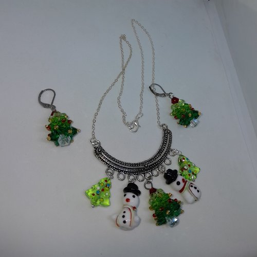 Parure de noël collier et boucles d'oreille en verre unique et rigolo