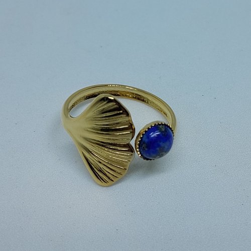 Bague réglable plaquée or feuille de ginkgo et lapis lazuli neuve création unique