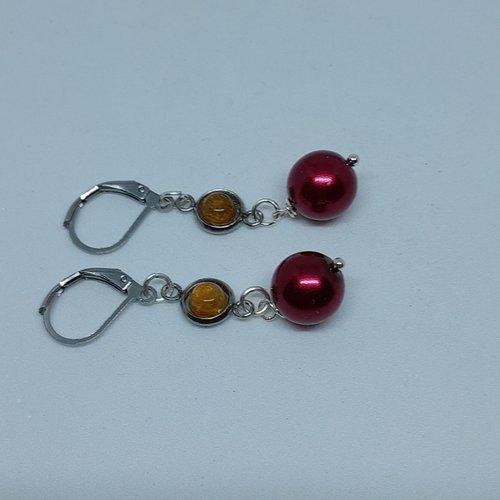 Boucles d'oreille citrine et verre de bohème rouge dormeuses en acier inoxydable