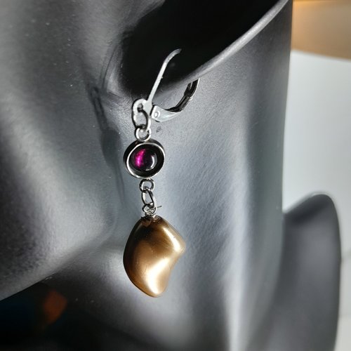 Boucles d'oreille grenat et verre de bohème doré dormeuses en acier inoxydable