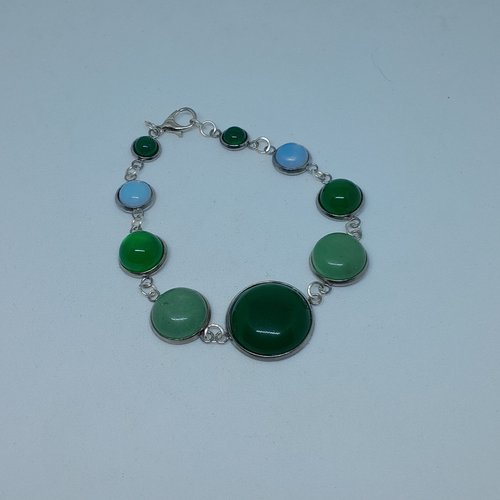 Bracelet en acier et gemmes jade vert, aventurine et calcédoine création unique