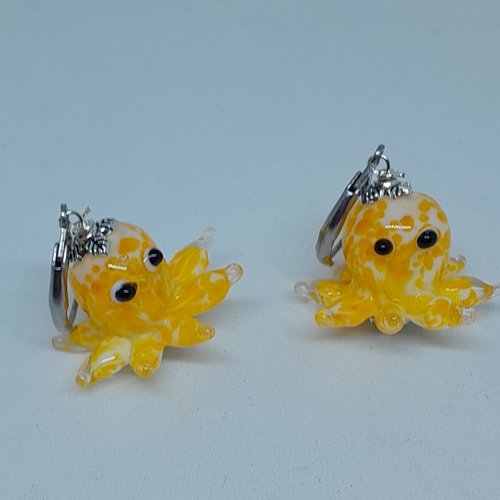 Jolies et rigolotes boucles d'oreille acier et poulpe en verre soufflé uniques