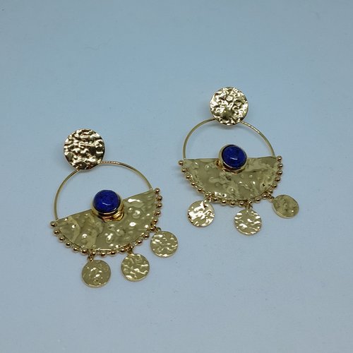 Clous boucles d'oreilles plaquées or sequins égyptiens et lapis lazuli uniques