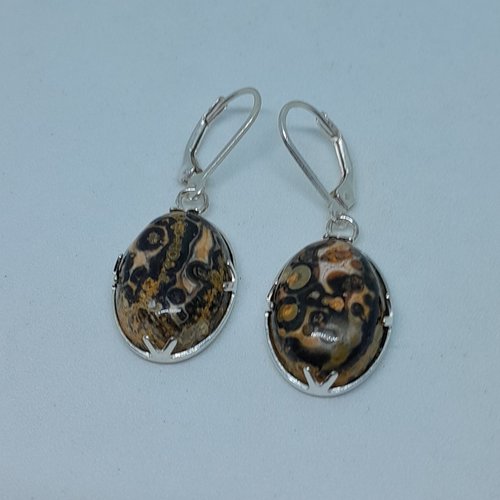 Boucles d'oreille dormeuses argent 925 et jaspe léopard rare création unique