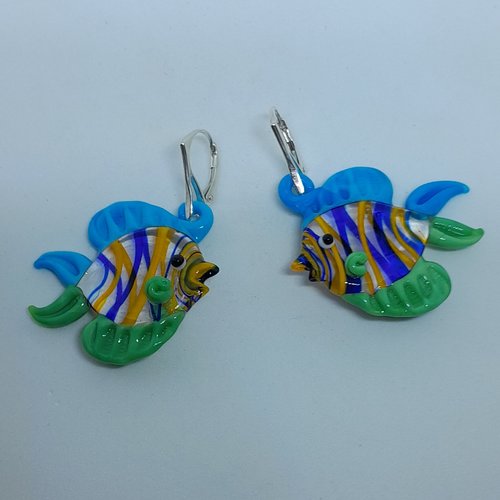 Boucles d'oreille dormeuses poissons verre de murano et argent création unique