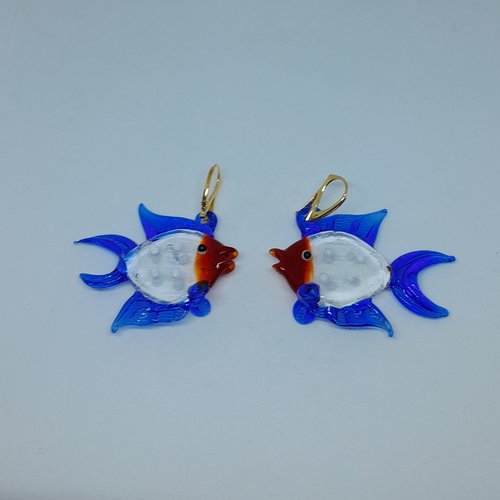 Boucles d'oreille dormeuses poissons en verre de murano et en argent plaquées or