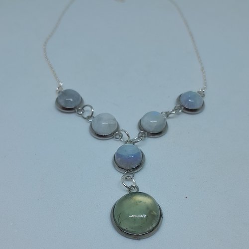 Collier argent acier pierres de lune et prehnite création unique